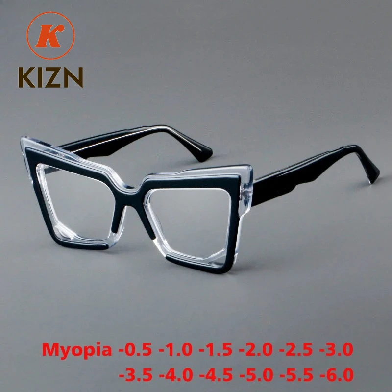 

KIZN Cat Eyes Acetate Myopia Glasses Big Frame Women High Quality Retro Color-blocked Optical Prescription Customi -0.50 to -10