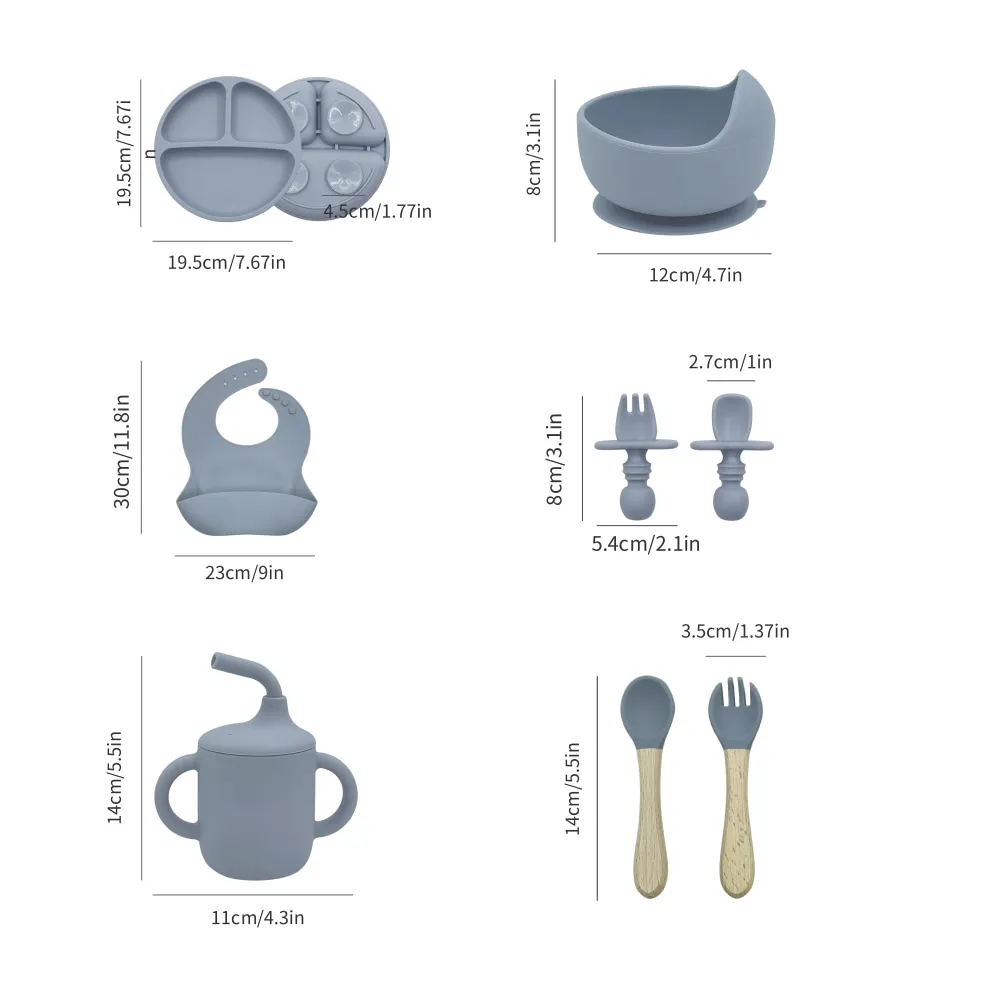 8pcs Silicone Baby Feeding Set Children's Dishes Set Baby Silicone Tableware Set Suction Plate and Bowl