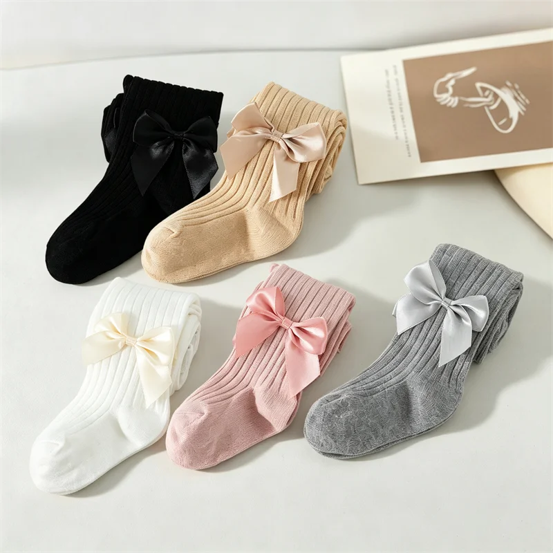 3 Pieces Baby Girls Bow Tights 1‑10Yrs Soft Spring Striped Pantyhose Toddler Kids Princess Solid Leggings Children Daily Hosiery