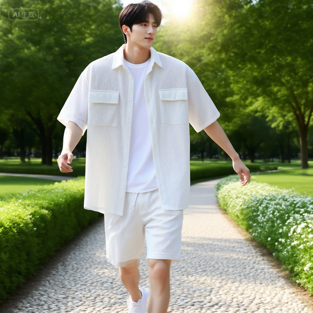 

New popular men's casual spring and summer set, solid color corduroy short sleeved shirt ➕ Two piece elastic beach casual shorts