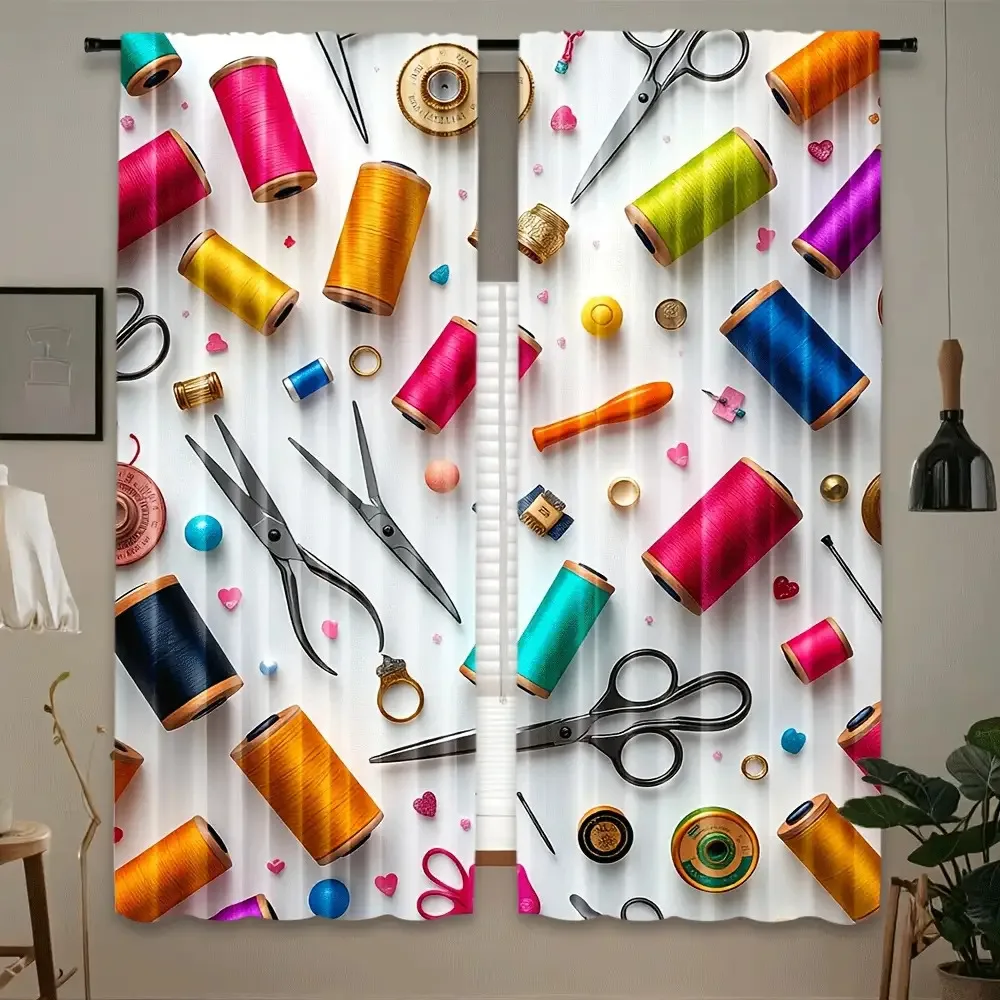 Chic Sewing Theme Curtain Pair 2pcs Decorative Craft Window Filter Workshop Embroidery Thread Fabric Home Decoration Curtain