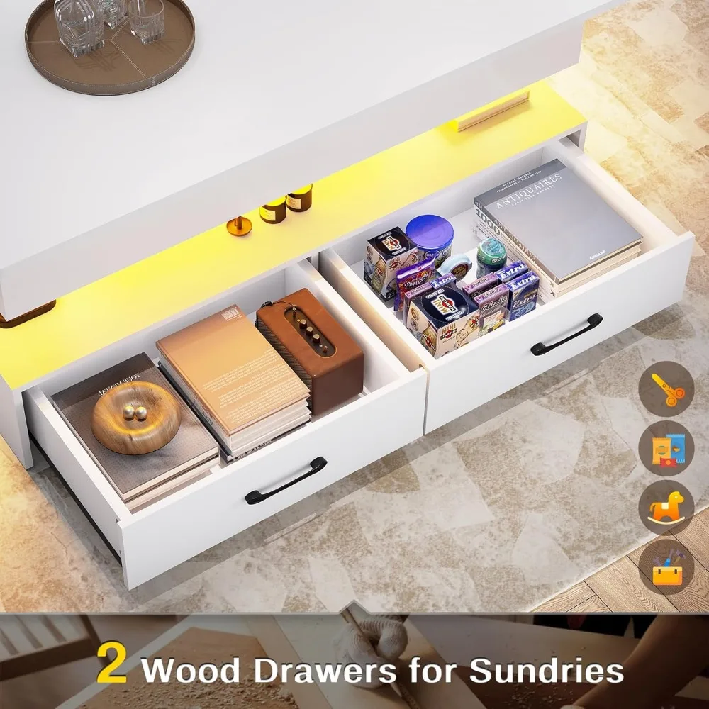 Stolik kawowy z oświetleniem LED i szufladami do salonu, kompaktowa konstrukcja z podnoszonym blatem.