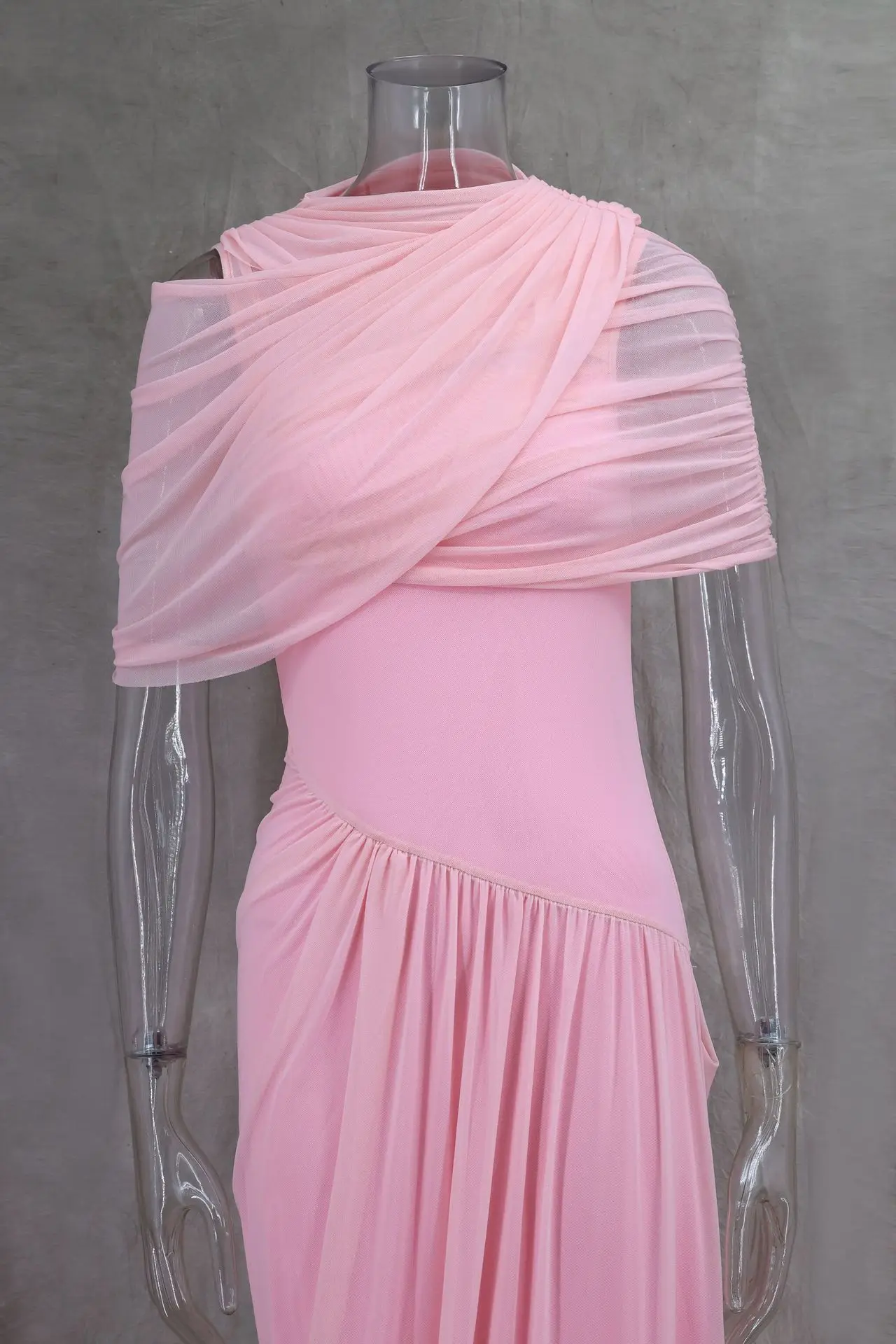 Pink Elegant Mesh Shawl Ruched Asymmetrical Maxi Women Dress Summer Light Blue Slim Party Dress Female Chic Evening Prom Gowns