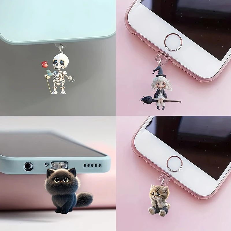 2D Mobile Phone Dust Plug Pendan Cute Cat Dog Ghost Shamrock Decoration Hanging Pendant For Type-C Charging Port Anti-Dust Plug