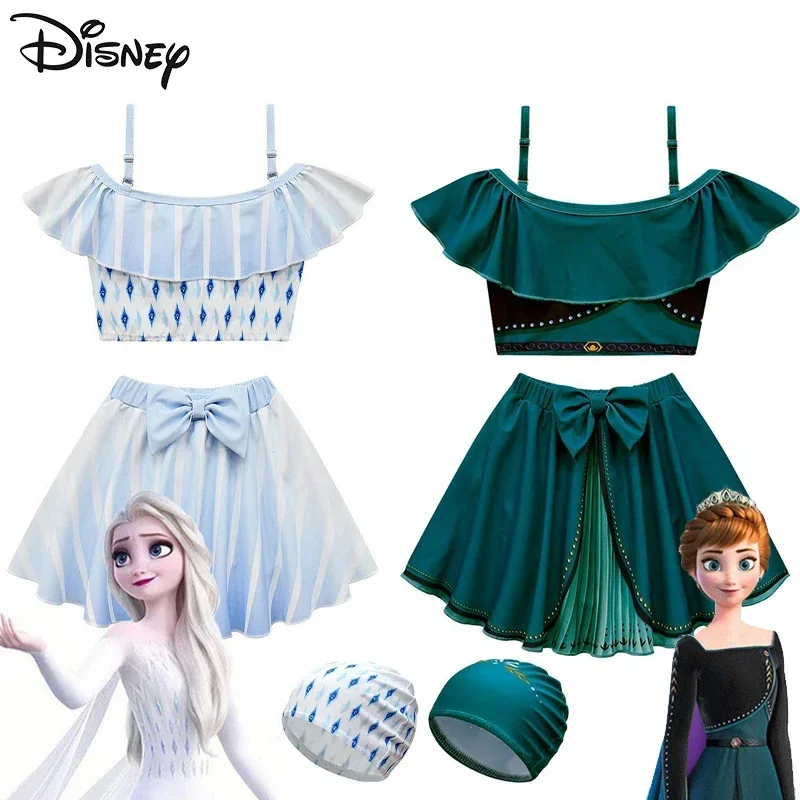 Disney Frozen strój kąpielowy dziecięcy Cosplay Elsa Anna strój kąpielowy dla dziewczynek Kawaii plaża z krótkim rękawem krótka spódnica kapelusze