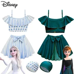 Disney Frozen strój kąpielowy dziecięcy Cosplay Elsa Anna strój kąpielowy dla dziewczynek Kawaii plaża z krótkim rękawem krótka spódnica kapelusze dla dzieci zestawy Bikini