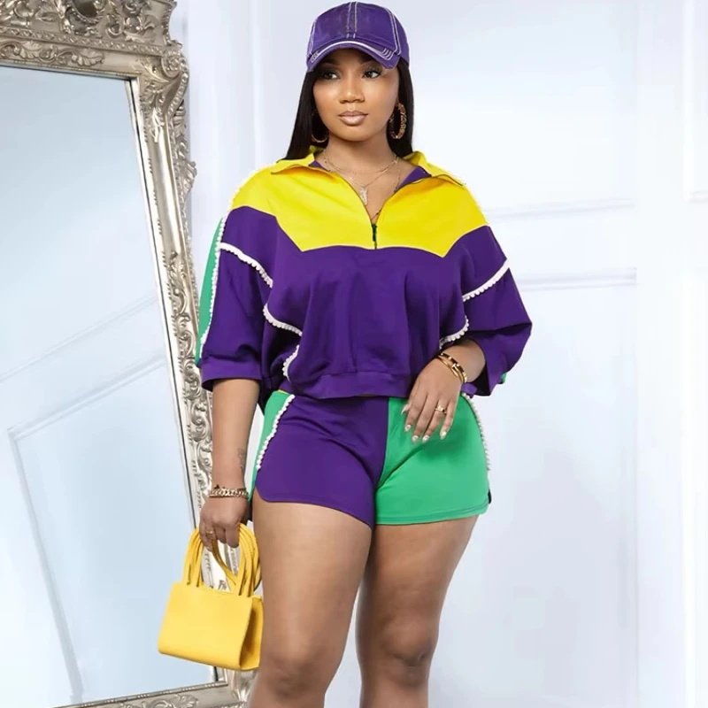Color Block Patchwork 2 Pieces Set for Woman Activewear Fitness Joggers Pearls Sweatshirt Top and Shorts Sporty Casual Sweatsuit