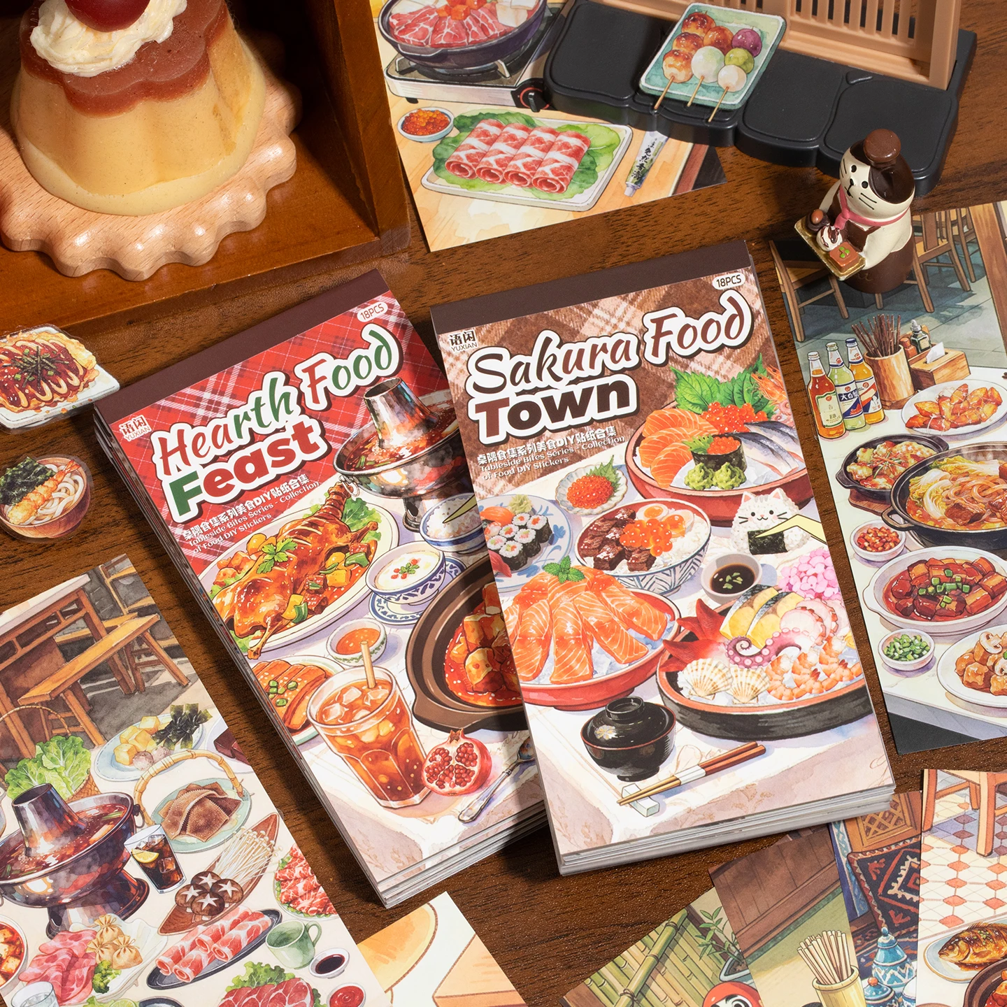 18Pcs Delicious Food PET Stickers, Hot Pot Sushi Pattern Transparent Decals for Food Journal Collage