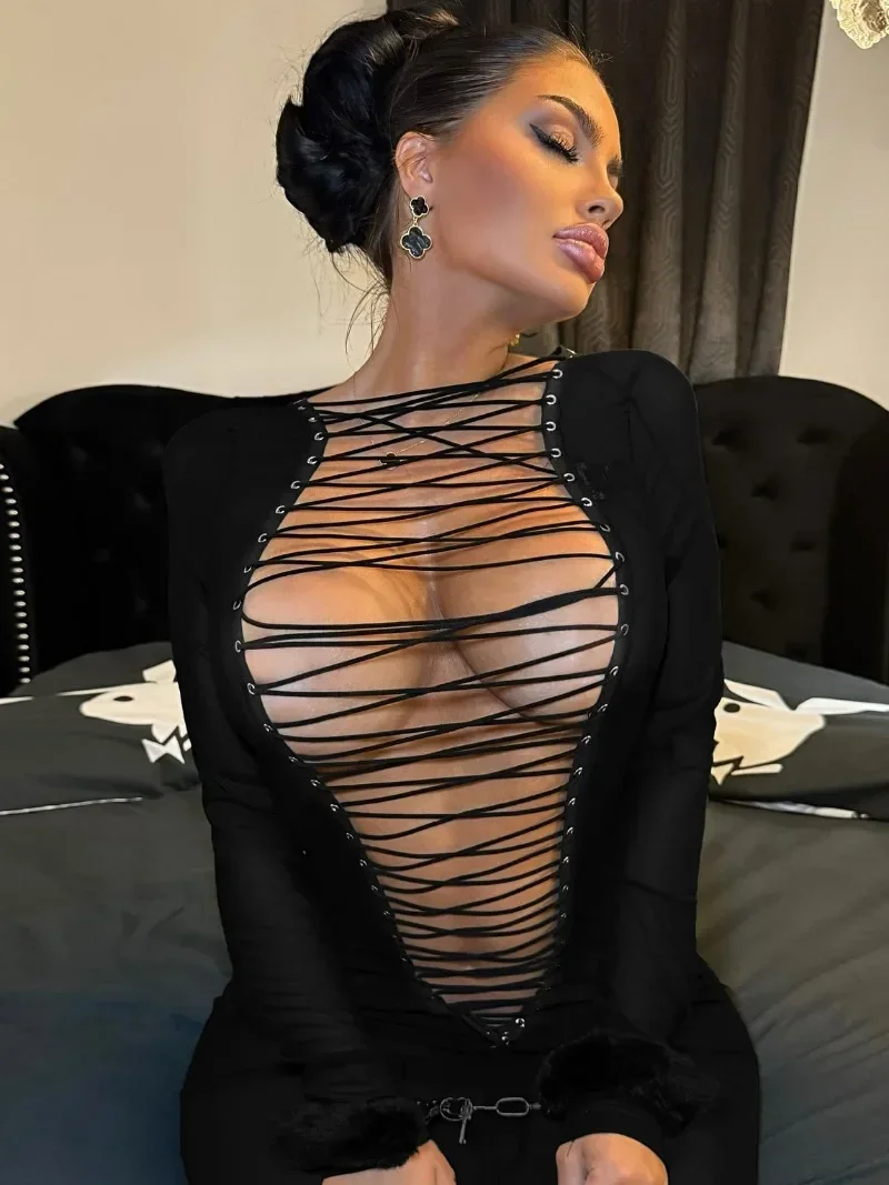 Sexy Hollow Out Bandage Mini Dress Women Fashion Long Sleeve Lace-up Bodycon Package Hip Skinny Party Dresses Night Club Outfit