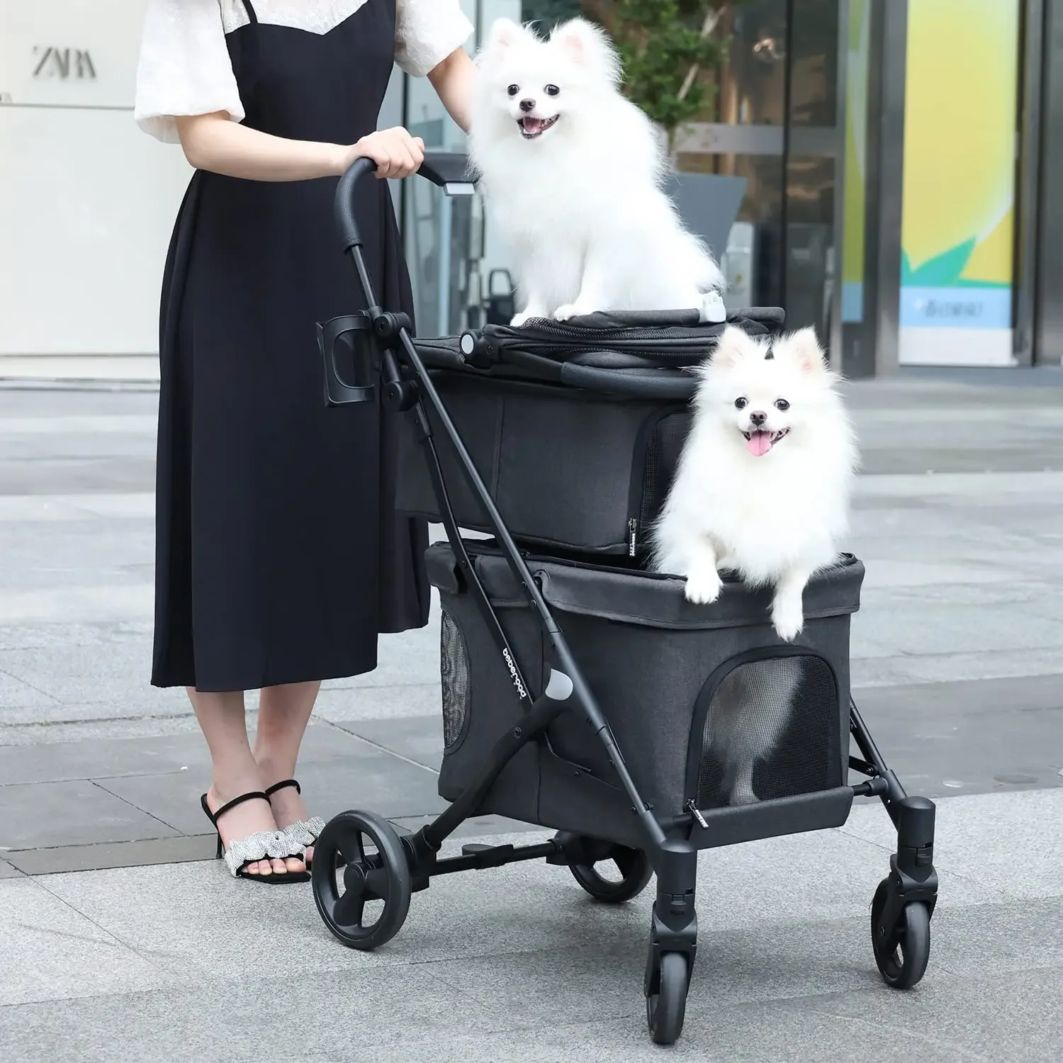 Cochecito doble T1 para mascotas, carrito plegable y ligero para 2 perros o gatos pequeños, con portador desmontable para acampar