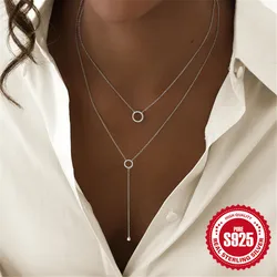 AIDE 925 Sterling Silver Circle CZ Pendant Necklaces Simple Long Lariat Chain Minimalist Dangle Necklace for Women Jewelry Gift