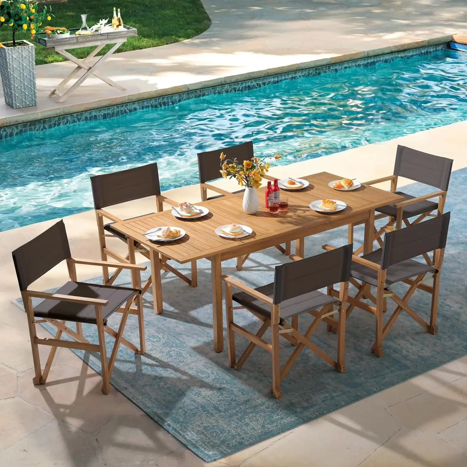 OC leisure 7-piece terrace dining set expandable rectangular table and 6 foldable board chairs with soft cushions,FSC certified