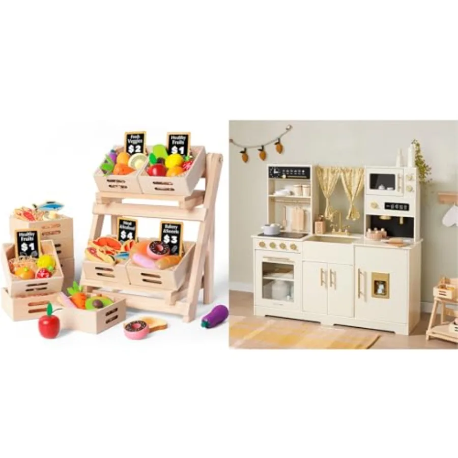 

Modern wooden play kitchen and food sets for kids: natural wood finish, versatile beige tones, eco-friendly solid wood construc