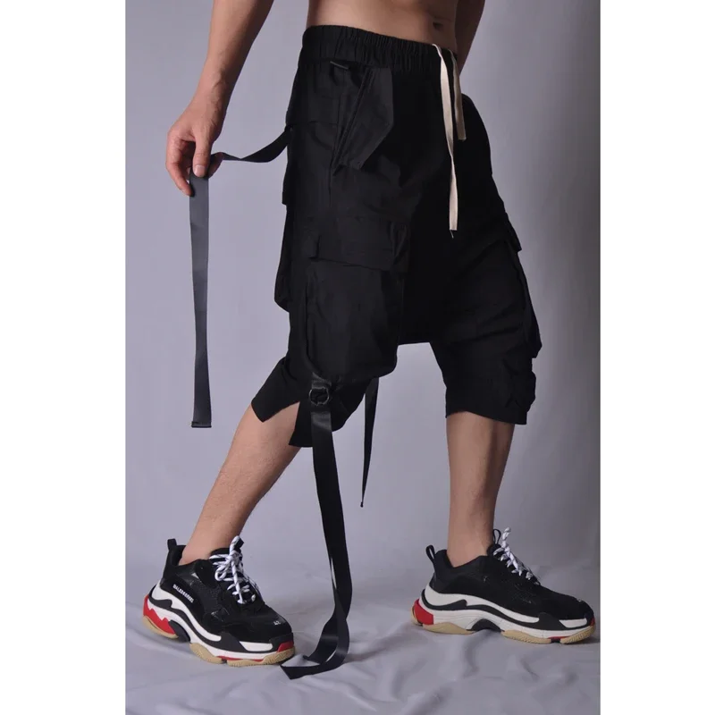 Dark Techwear Loose five-point Haren Pants With Ribbon Capris men's Straddles multi-pocket Cargo Shorts