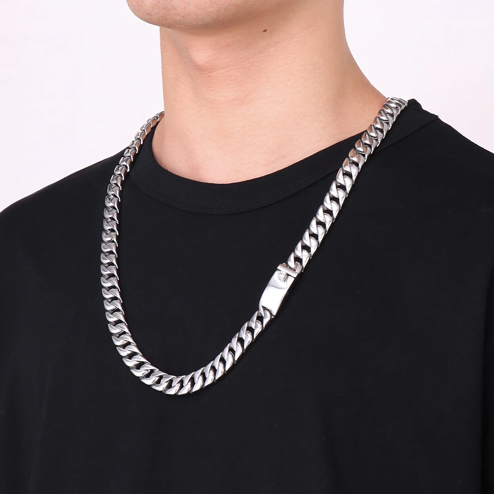 12mm Fashionable Curb Chain Stainless Steel for Men Necklace Choke Chain High Polished Chunky Cuban Boys Neck Chains Male Choker