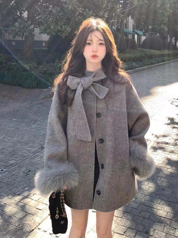 

Серые пальто из искусственной шерсти с бантом, женские элегантные милые куртки с длинными рукавами, винтажные зимние повседневные корейские женские свободные плащи в стиле ретро