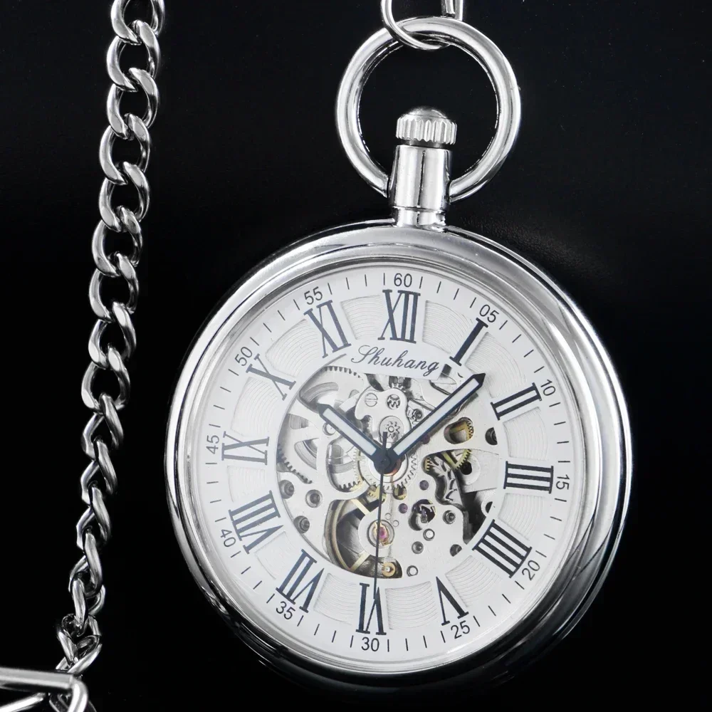 New Mechanic Watch Men Automatic Self Winding Pocket Watch Silver Simple Open Face Chain Pendant with Roman Number