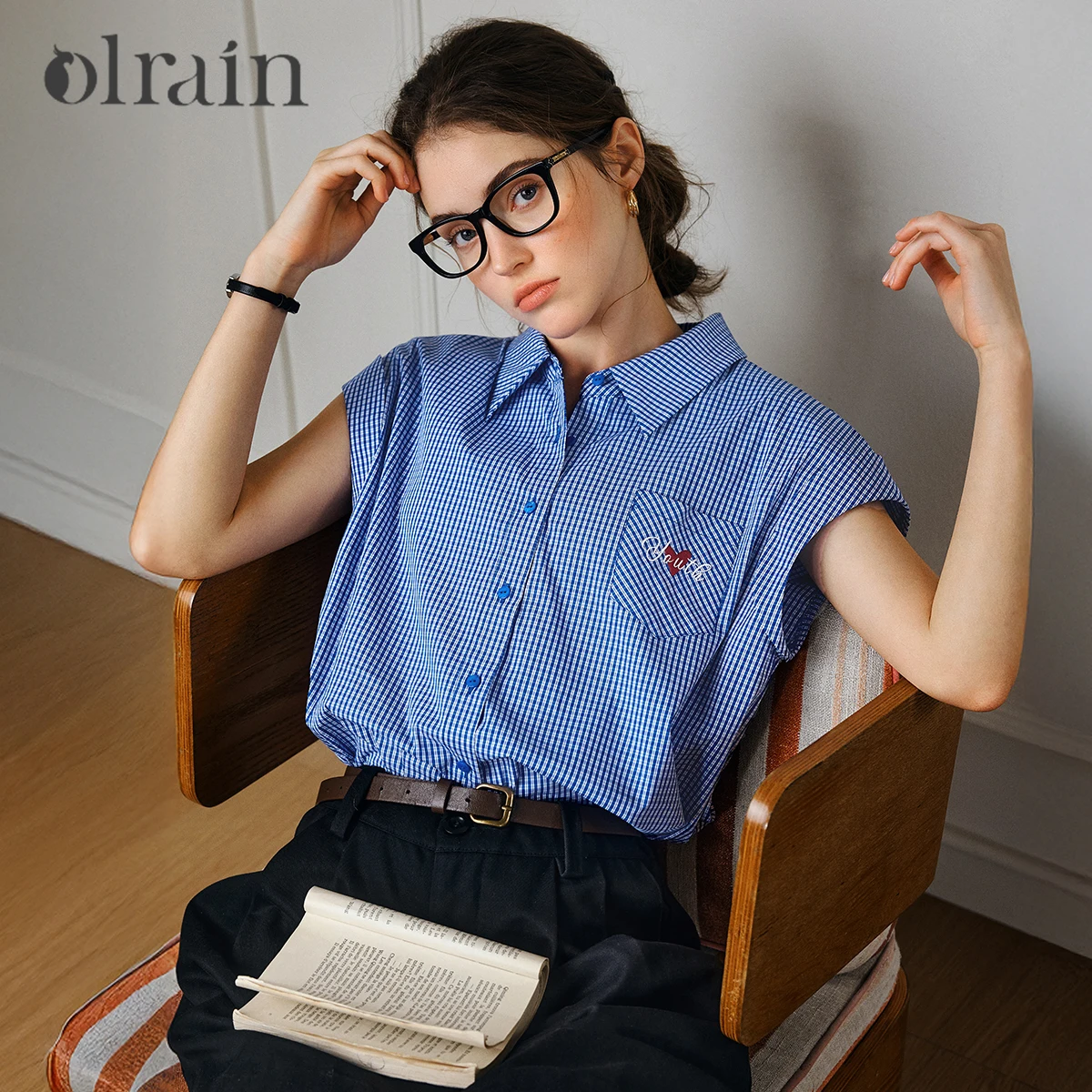 

OLrain Summer Blue Plaid Shirt Women 2025 Ladies Casual Short Sleeve Letter Embroider Pocket Woman Shirts & Blouses O57XC98016