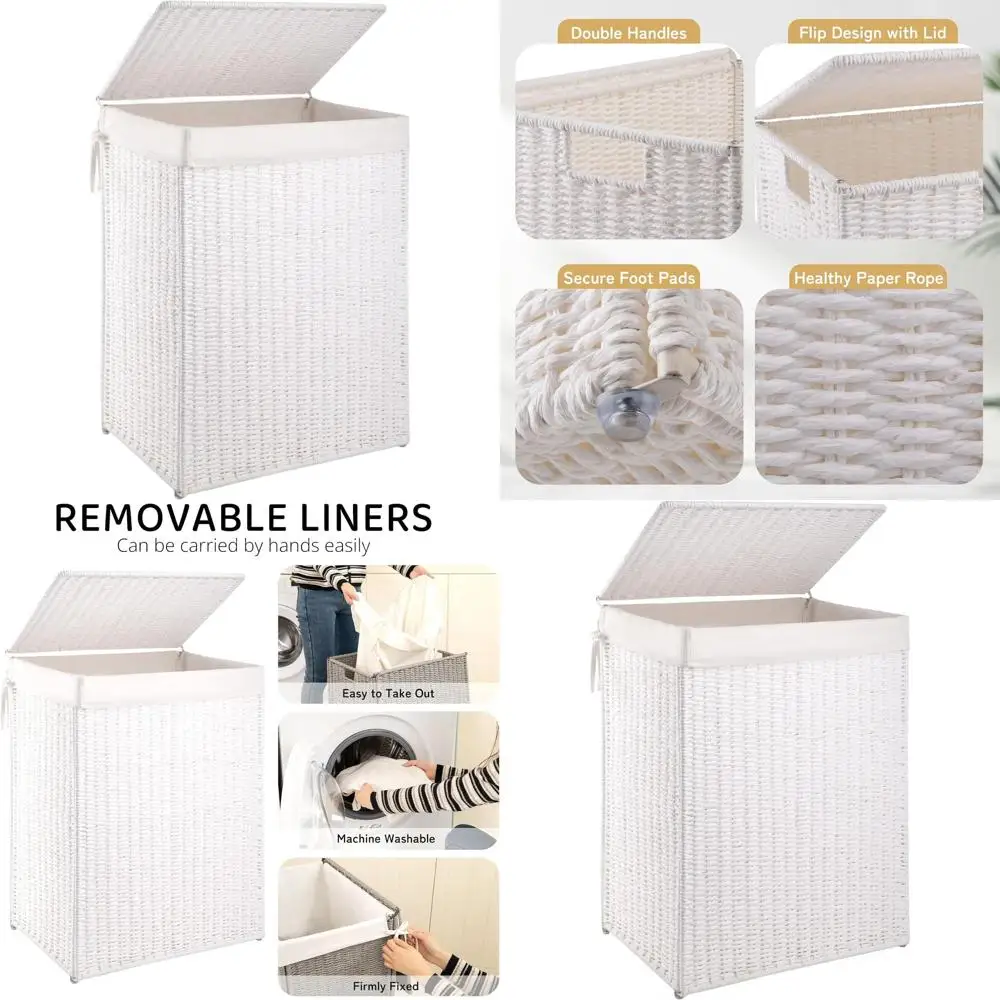 Cesto de Ropa Grande de Mimbre de 90L con Tapa, Forro Lavable y Marco Metálico para Organización de Dormitorio o Baño