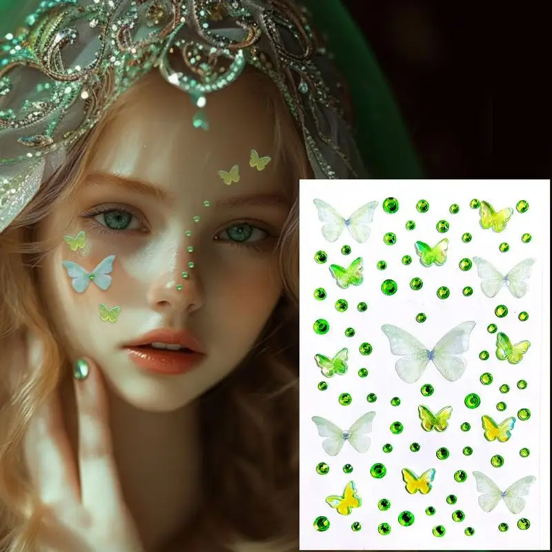 1 Sheet Elf Butterfly Rhinestone Face Stickers Self Adhesive Weaving Butterfly Decor Sticker For Stage Concert Makeup Supplies