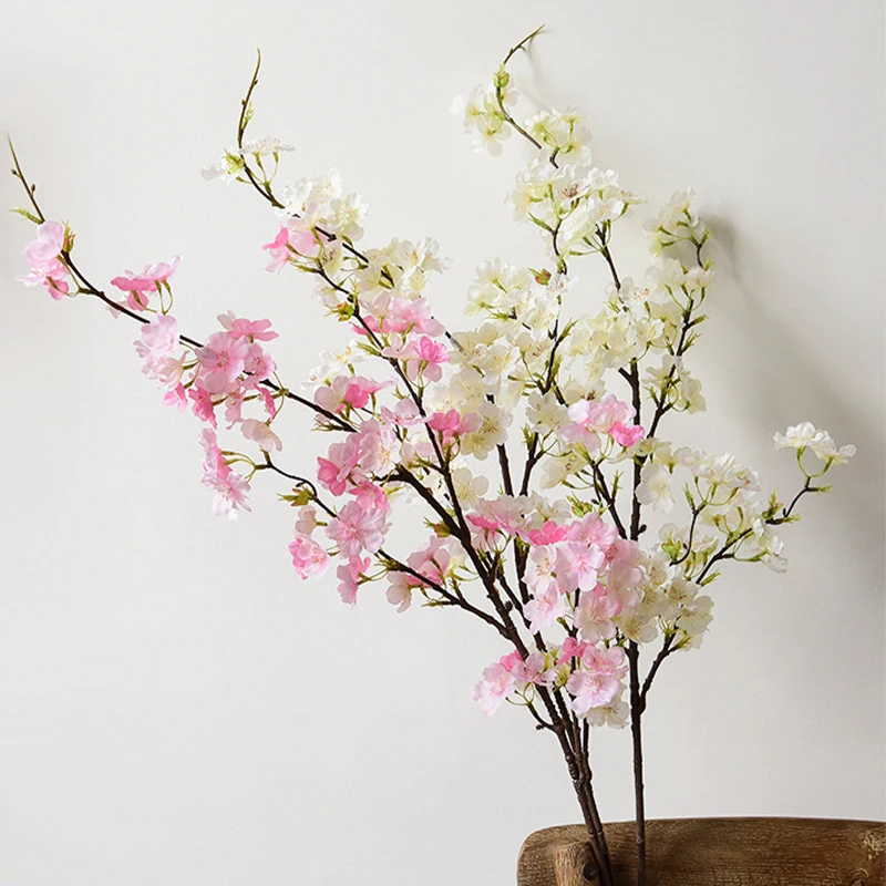 4 forks Cherry blossom Long Branch Silk Srtificial Flowers Bedroom Decora Flores Sakura Flower Mariage Wedding White Floral 1PC