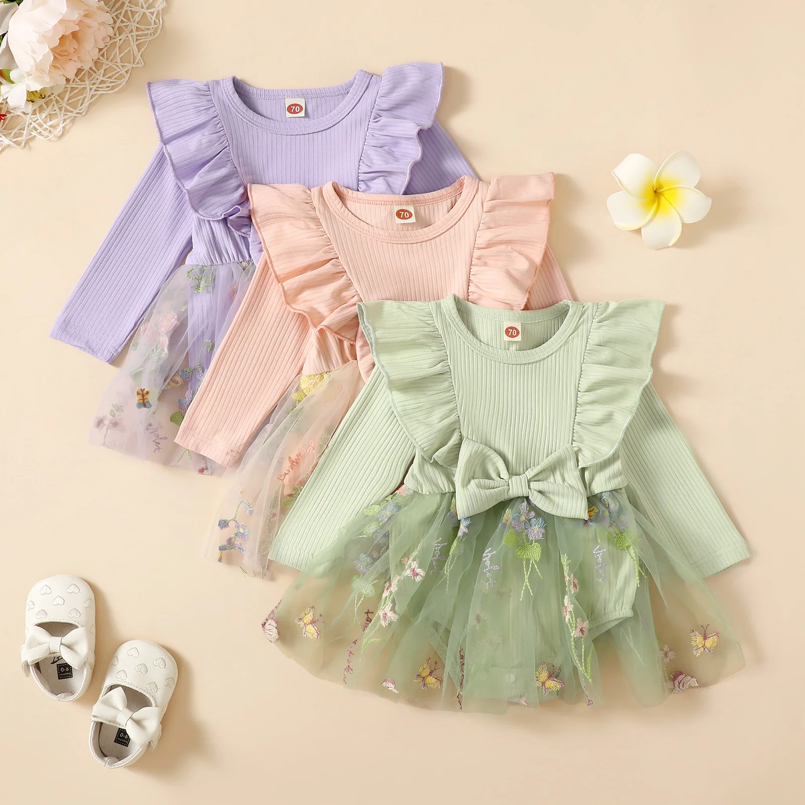 

SUNSIOM Baby Girls Romper Dress Long Sleeve Crew Neck Bow Embroidery Flower Tulle Patchwork Bodysuit Baby Fall Clothes