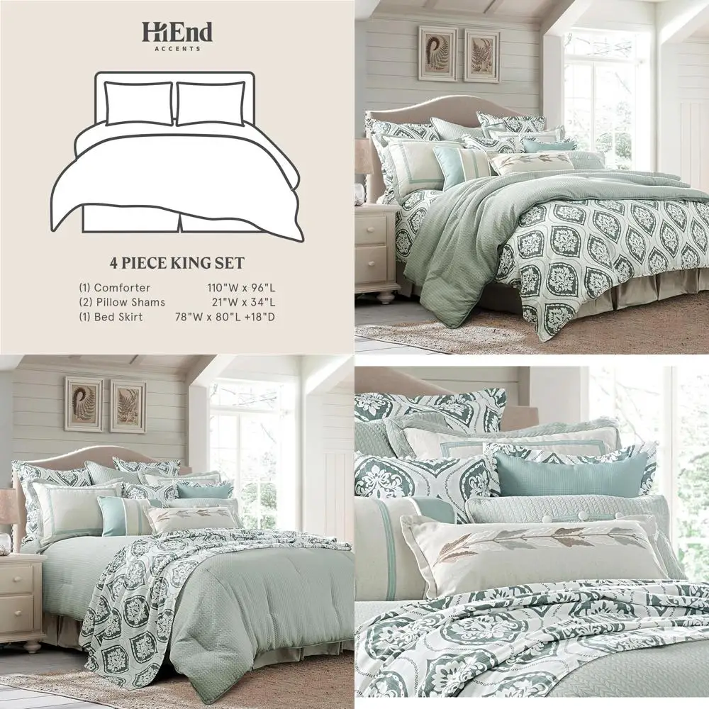 

4-Piece King Comforter Set in Green Cream Textured Design, Classic Chic Casual Bedding with Bed Skirt and Pillow Shams