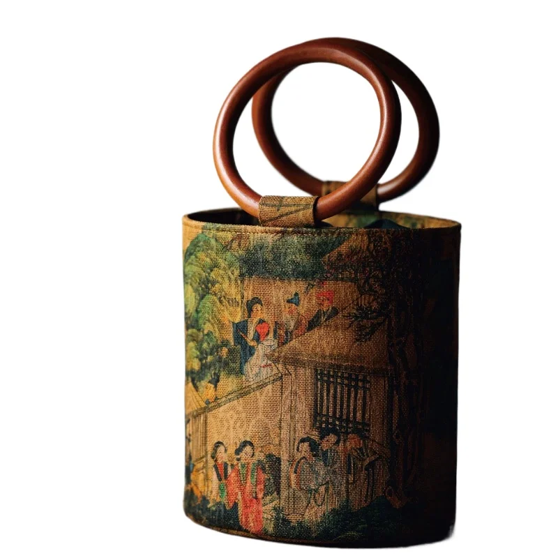 

Chinese Style Bucket Bag Women Gauze Wooden Handle Hand-held Vintage Handbag Drawstring Fastening Elegant Exquisite Female Bag