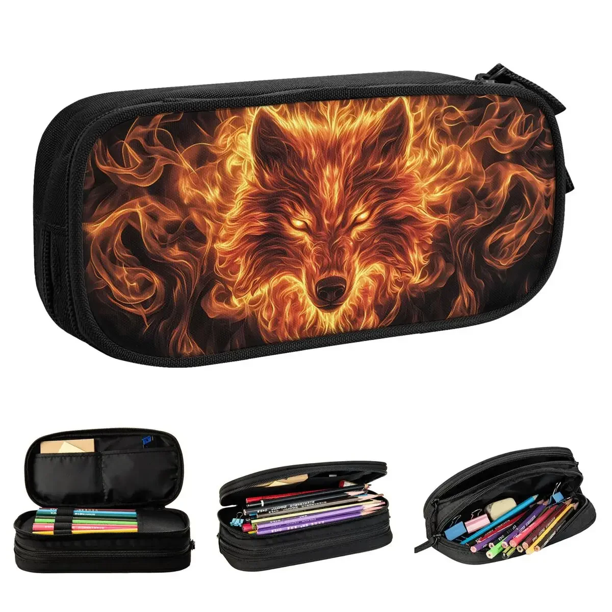 Wolf Fire Pencil Case Pencilcases Pen Holder for Student Large Storage Pencil Bags Office Gifts Stationery