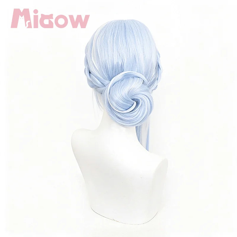 Genshin Impact Odette Cosplay Wig, Light Blue Gradient White Braided Bun Updo Heat Resistant Synthetic Wig 4