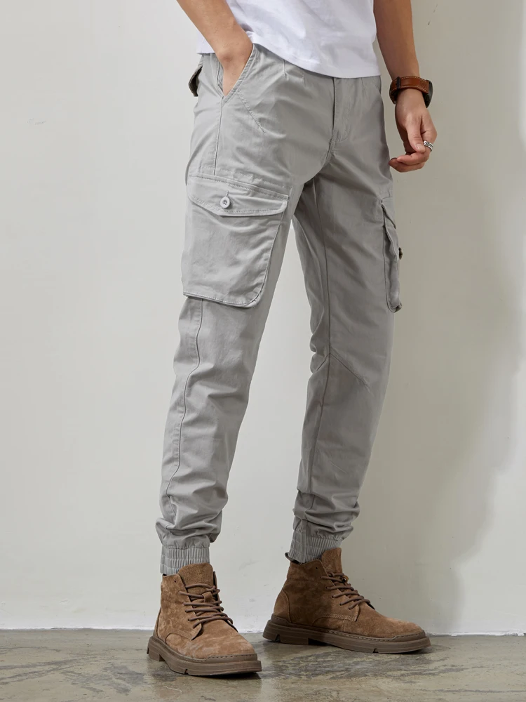 

Мужские брюки Light ey для работы весной и осенью, с множеством карманов, облегающие, слегка эластичные, свободные, повседневные, с манжетами