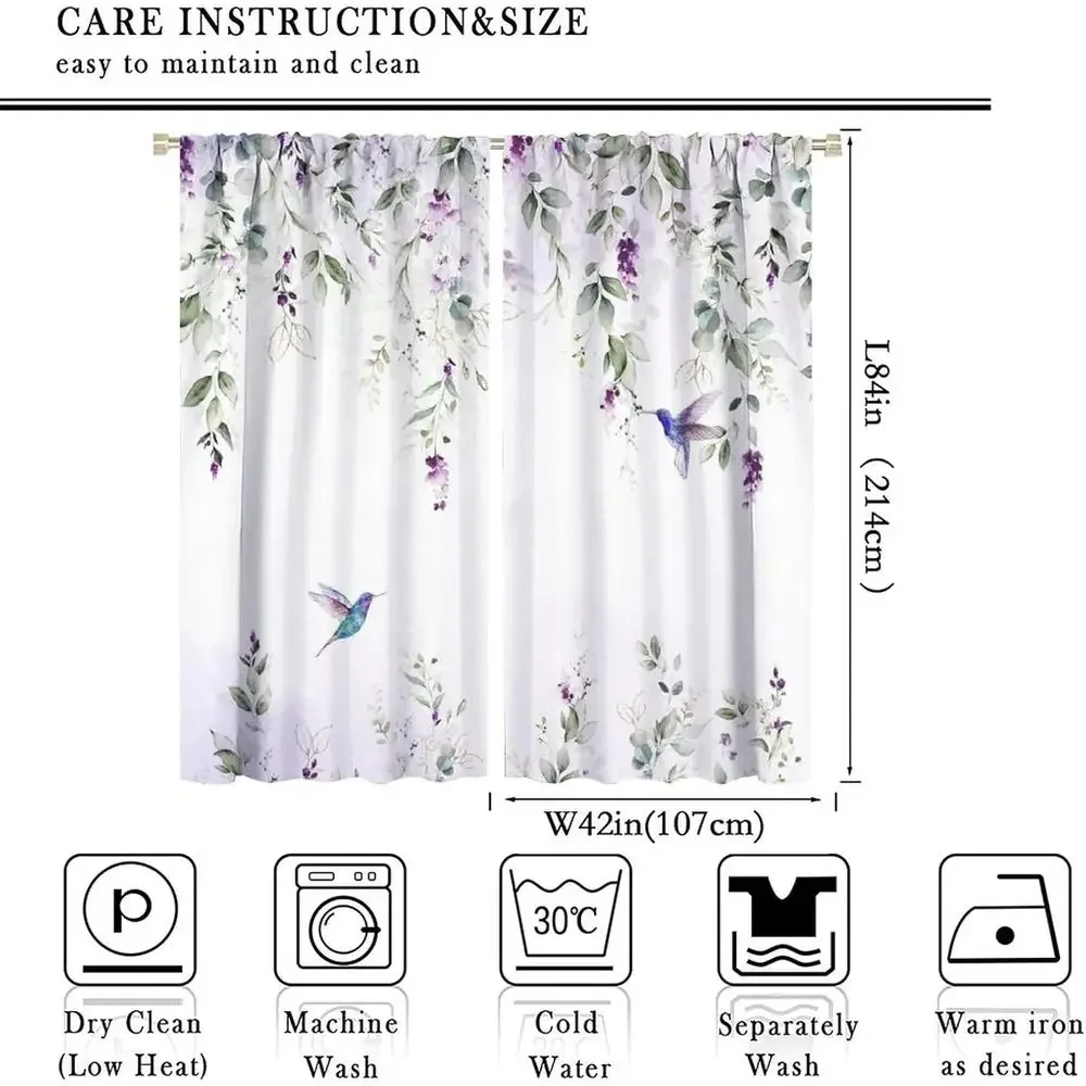 Eucalyptus Print Blackout Curtains for Living Room, Noise-Reducing Watercolor Bird Window Panels, 84 x 42