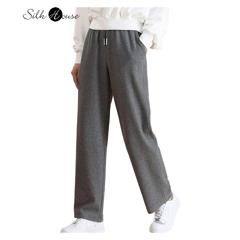 Autumn/Winter Women\'s Mulberry Silk Thickened Velvet Casual Straight Leg Pants Sports Pants with Real Silk Pocket Guard Pants