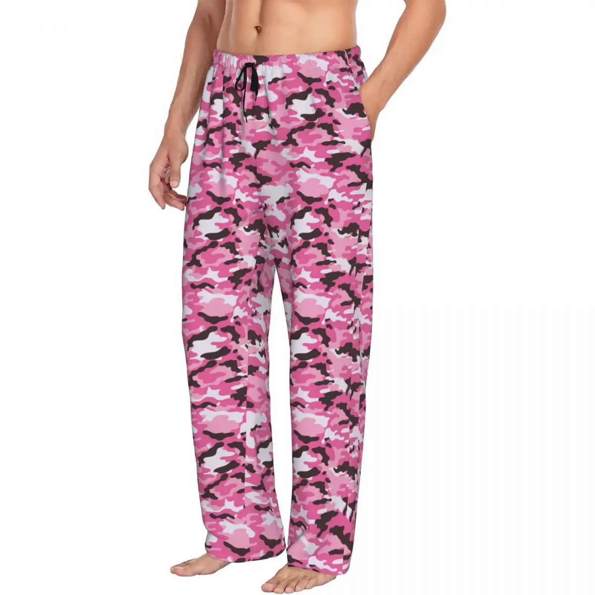 Men's Pink Stripe Camo Pajama Pants Custom Printed Tactical Camouflage Sleep Sleepwear Bottoms with Pockets