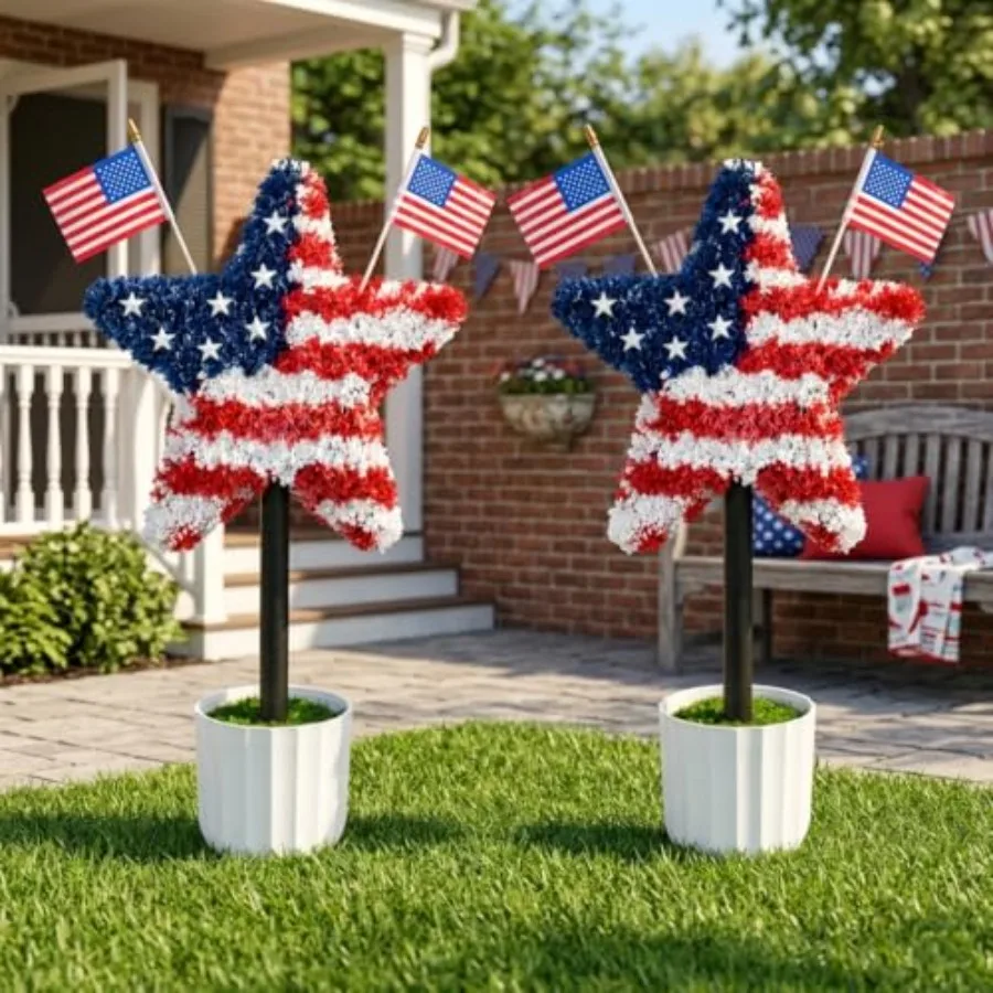 2 Pack 25.6 Inch Patriotic Star Topiary Trees For 4Th Of July Decor Red White Blue Color UV Resistant Pe Plastic Includes Pot A