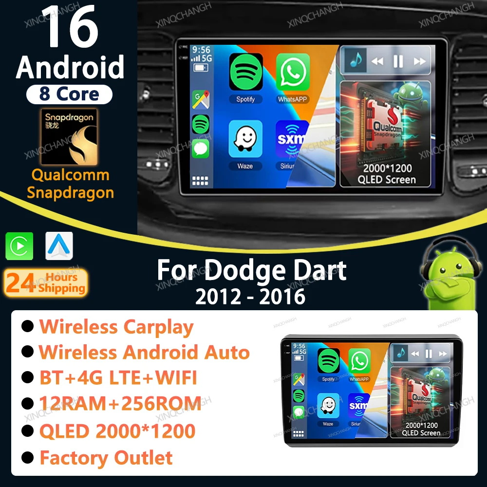 Radio para Auto Android 16 con Carplay para Dodge Dart 2012-2016, Kit de Panel de Montaje, Reproductor de Video 2 DIN, Accesorios de Audio Estéreo