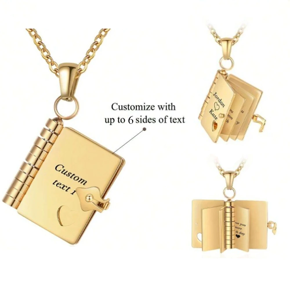 Stainless Steel Book Pendant Necklace Openable Engrave Personalized Custom Multi-page Book Words Necklace Jewelry Gift