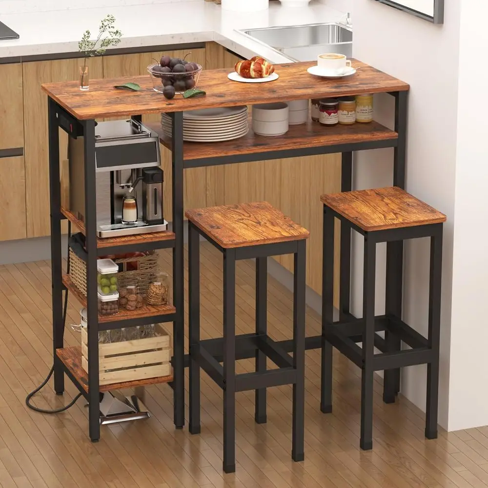 

Counter Height 3-Piece Bar Table Set with Storage and Power Outlets, Includes 2 Chairs