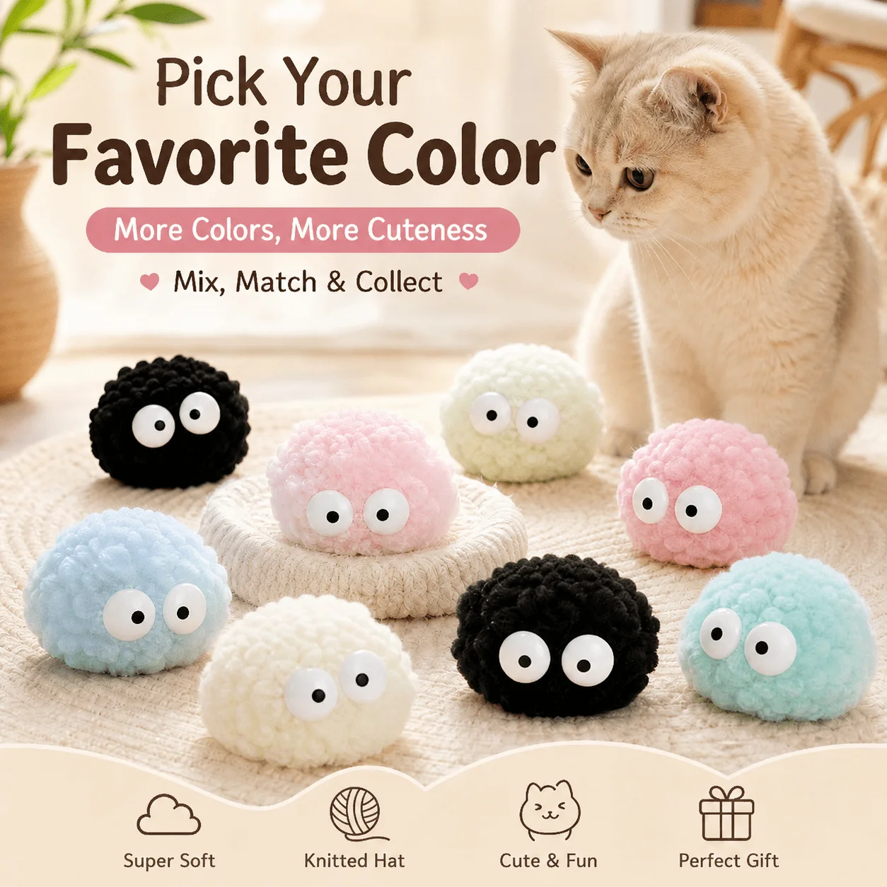 4Pcs Random Interactive Big Eye Cat Hair Balls, Random Color Kitten Toy, Relieve Boredom Anxiety for Indoor & Multi-Cat Play