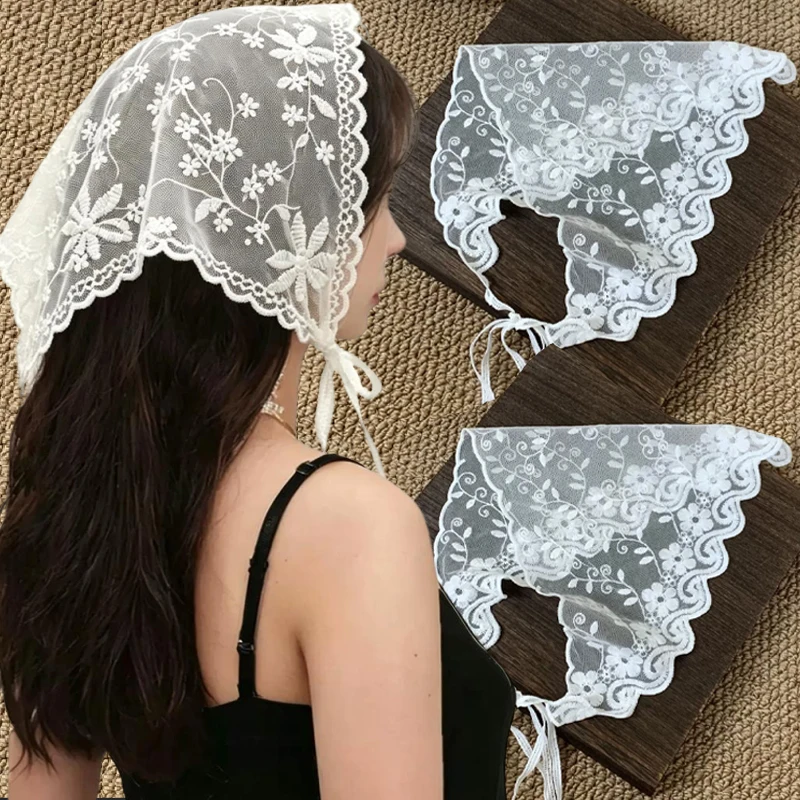 

Vacation Style Hollow Lace Flower Headscarf Women's Sunscreen Pastoral Hair Scarf Multi-purpose Waistband Tie Scarves Headwear