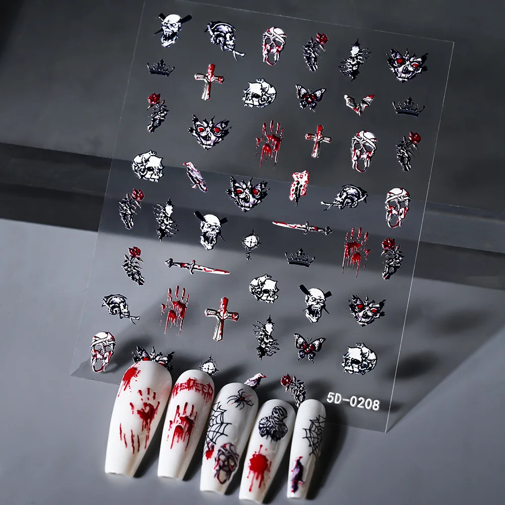 1Pcs Halloween 5D Ghost Cartoon Nail Sticker 10.5*8cm Cartoon Skeleton Design Nail Decals DIY Adhesive Manicure Slider Accessory
