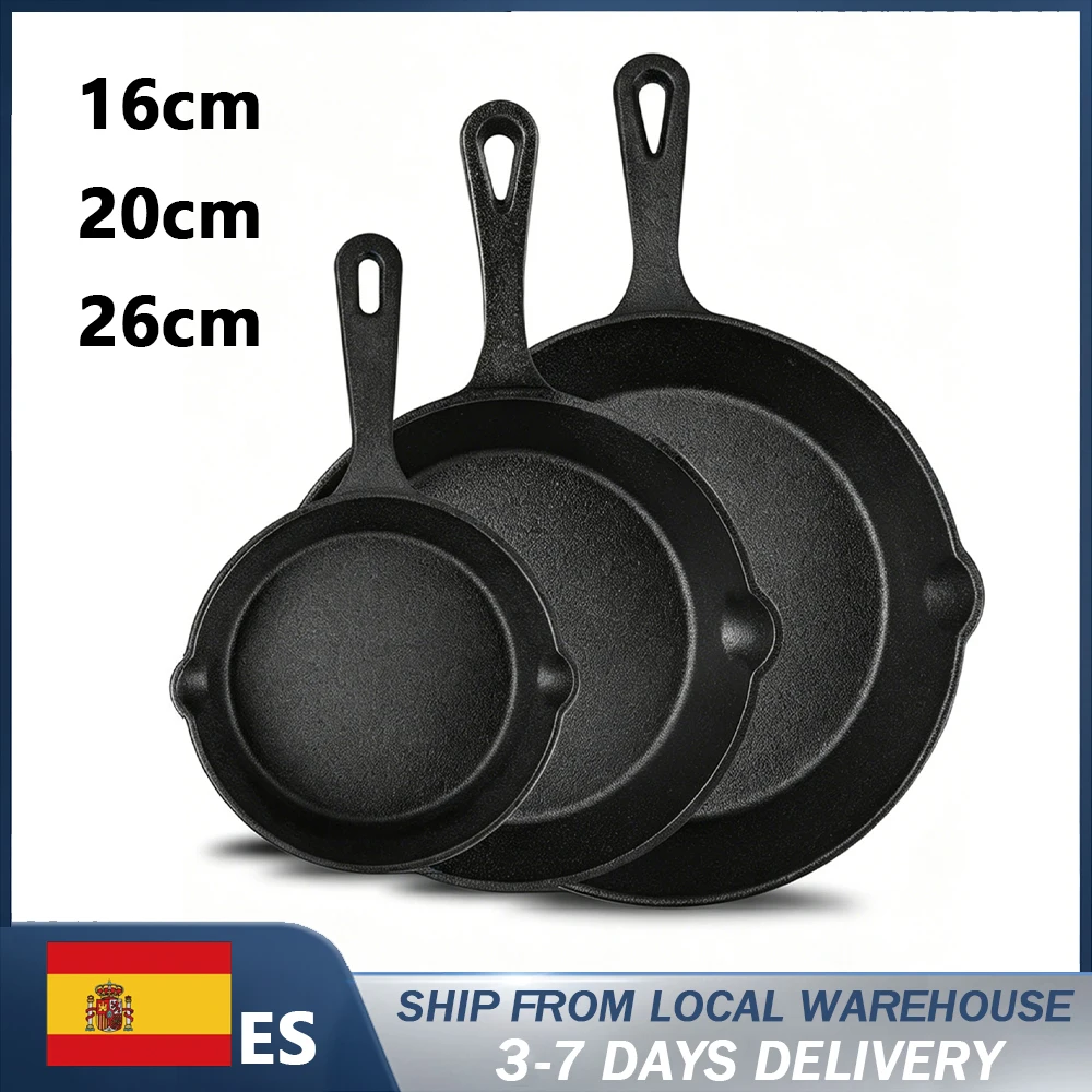 Ensemble de 3 poêles en fonte pré-assaisonnées, antiadhésives, 16 cm/20 cm/26 cm, 3 pièces, rétention de chaleur pour faire brûler, frire, cuisiner à la maison ou en extérieur