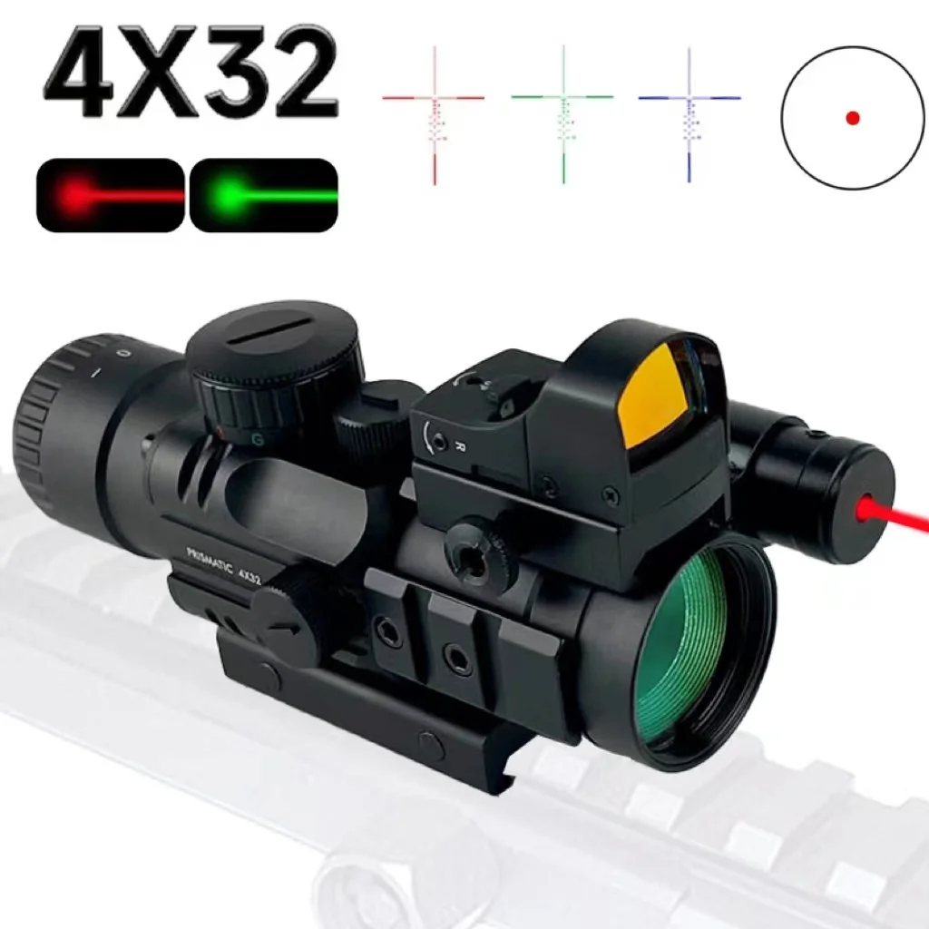 4x32 Hunting Riflescope with Laser Red Dot Sight Combo Trilateral Rail Prism Tactical Optic Cross-Hair Reticle Reflex Scope 20mm