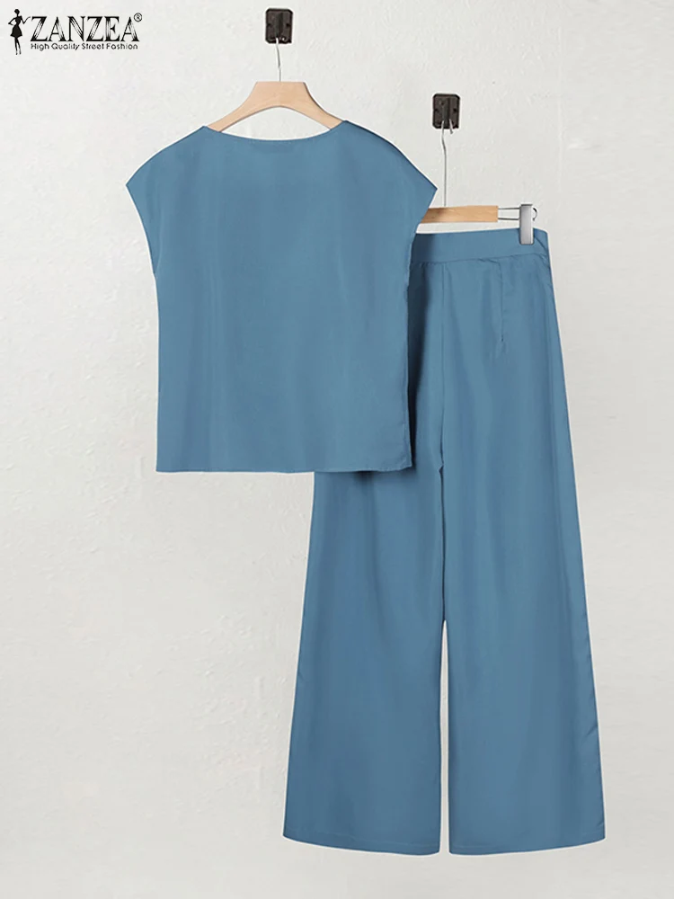 ZANZEA Women Elegant 2PCS Wide Leg Trousers Suits Summer Casual Commute Tracksuit Fashion Short Sleeve Blouse Solid Pants Sets