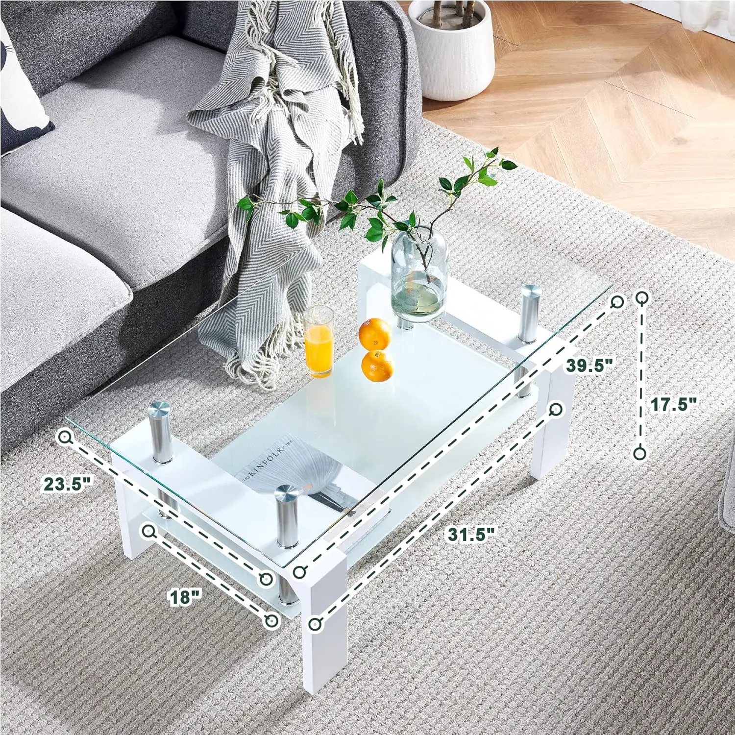 Modern Side Coffee Table with Wooden Leg, Glass Tabletop with Lower Shelf, 39.5*23.5*17.5 inches , White