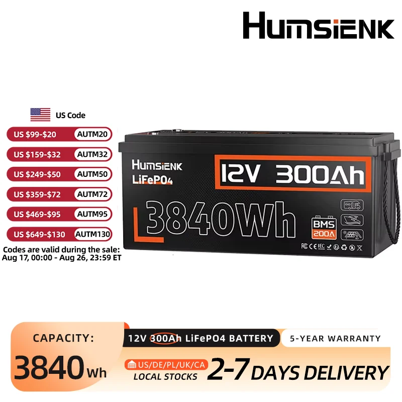 Humsienk 12V 300Ah LiFePO4 Battery, Built-in 200A BMS