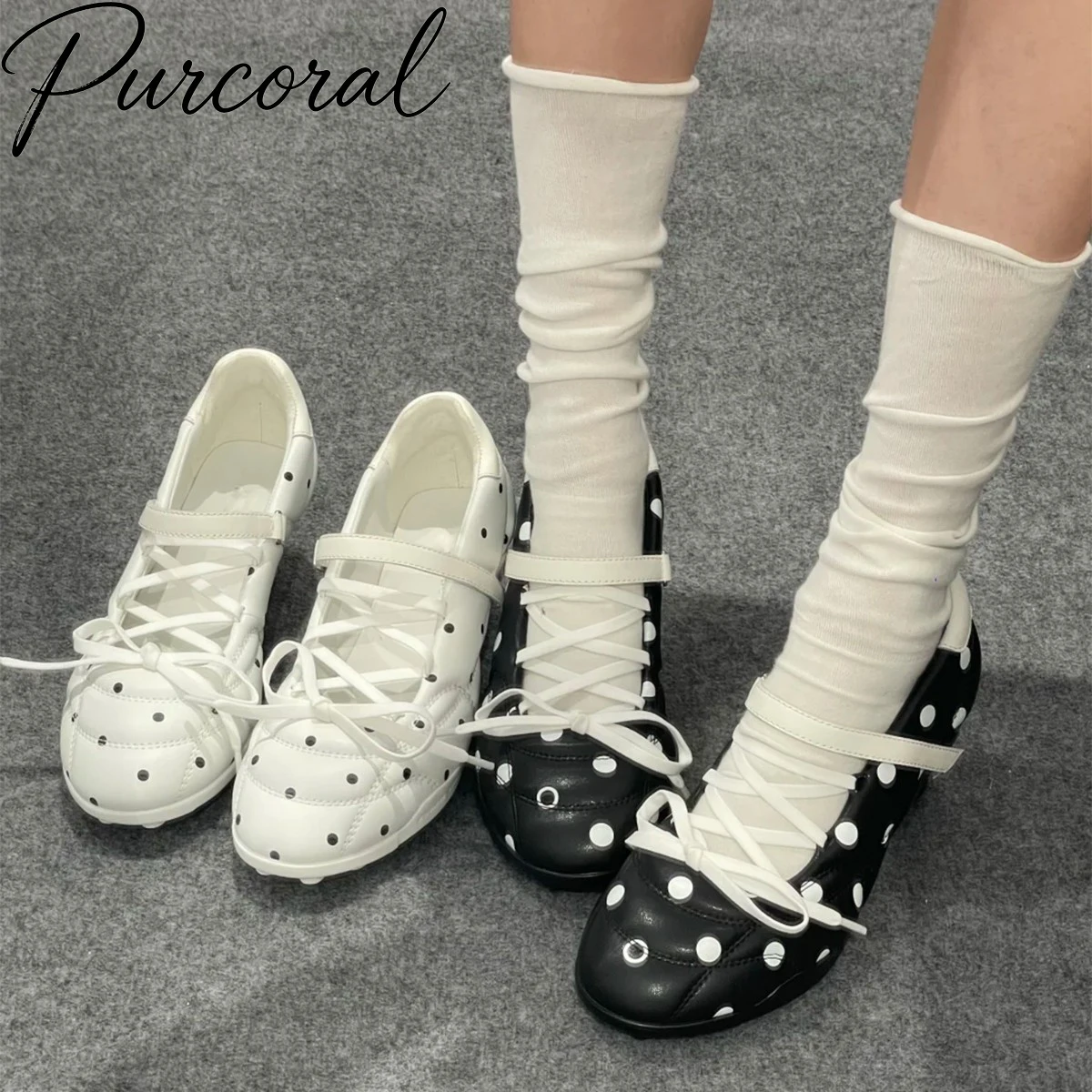 Purcoral 2026 New Women Polka Dot Flats Crisscross White Laces Strap Round Toe Soft Leather Cute Daily Walking Sneaker Shoes