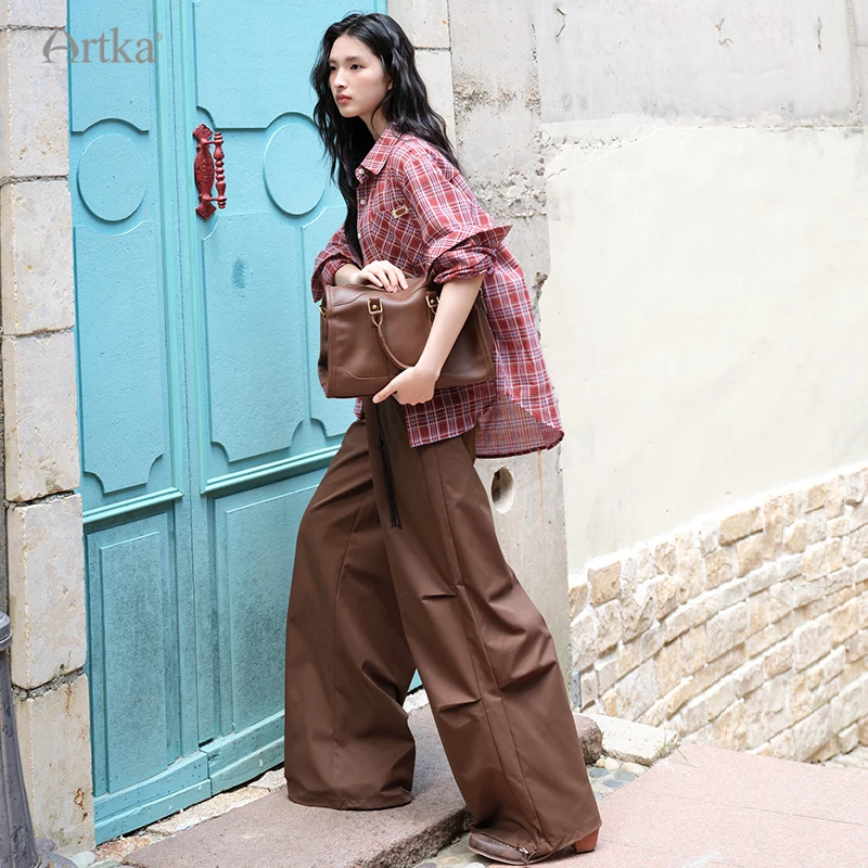 ARTKA 2025 Autumn New Women Pants Fashion Casual High Waist Drapping Straight Trousers Loose Wide Leg Pants With Belt KA52050Q