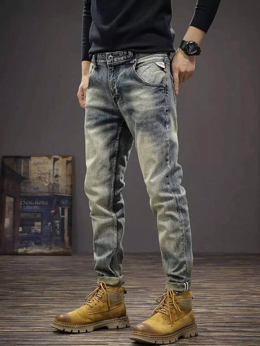 Fashion Designer Men Jeans Retro Washed Stretch Elastic Slim Fit Ripped Jeans Men Trousers Italian Vintage Denim Pants Hombre