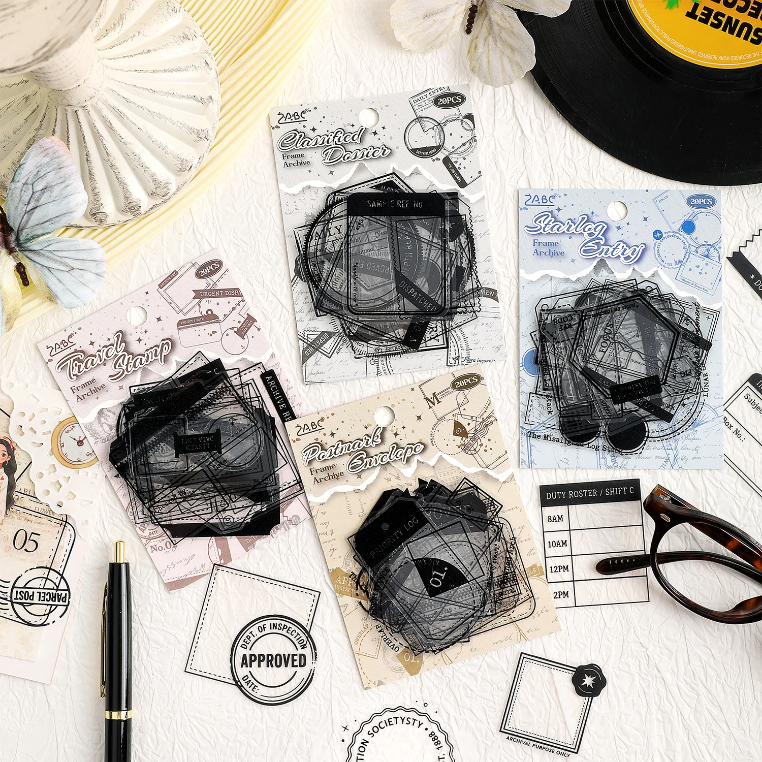 20Pcs Vintage Document Frame Clear PET Stickers, Retro Postmark Envelope Border Waterproof Journal Decals